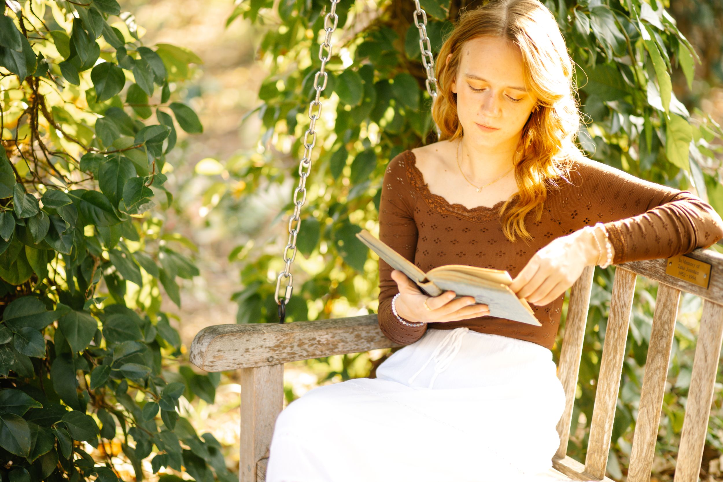 Someone reads a book while sitting on a wooden bench surrounded by green leaves in warm sunlight.