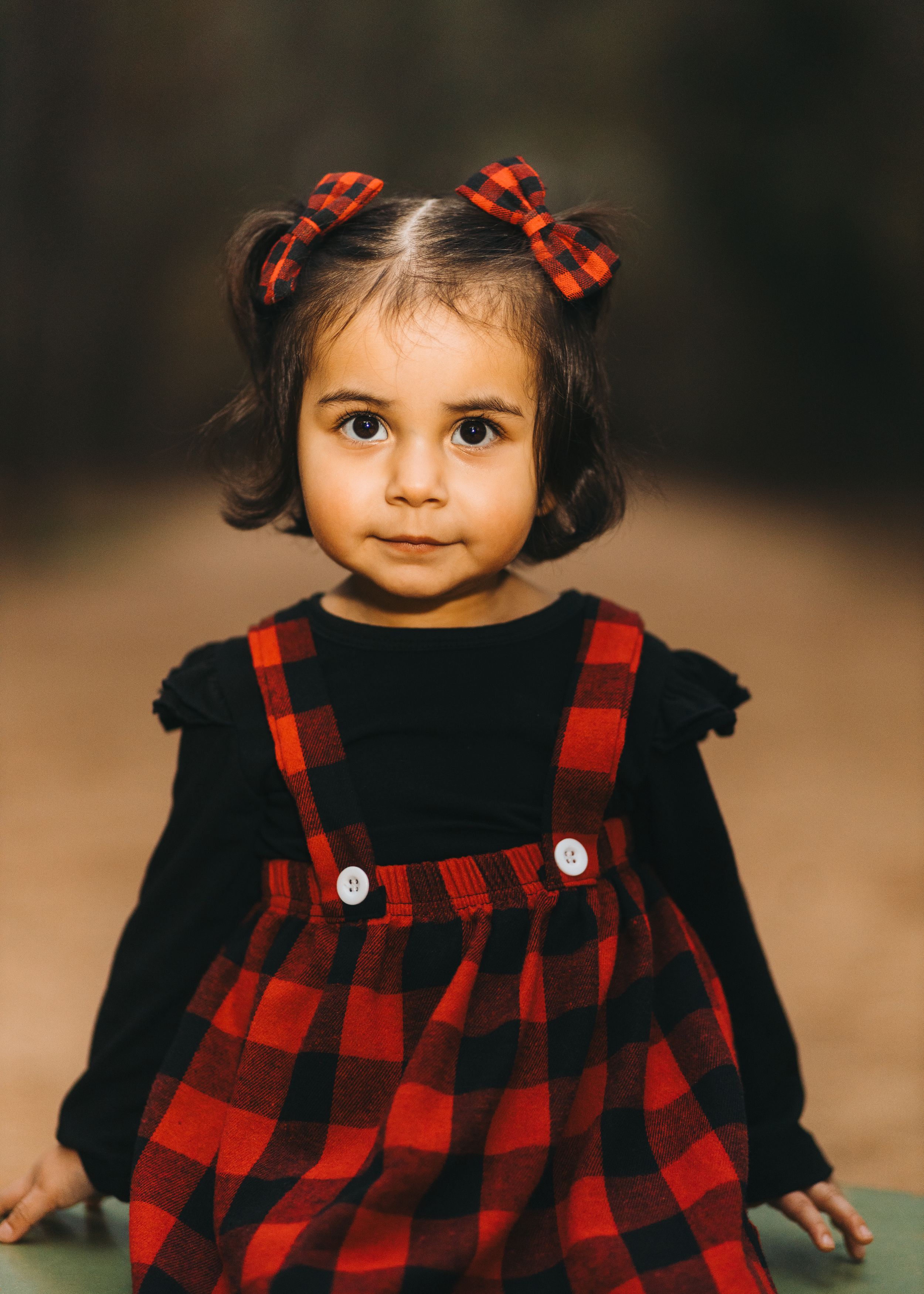 Child wearing a black top with red plaid suspender dress and matching hair bows stands in a warm outdoor setting.