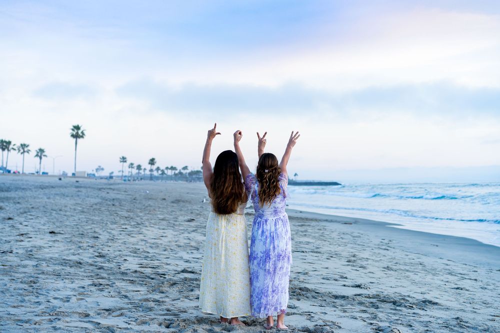 A series of beach photos showing people enjoying the ocean waves and sandy shoreline at sunset.