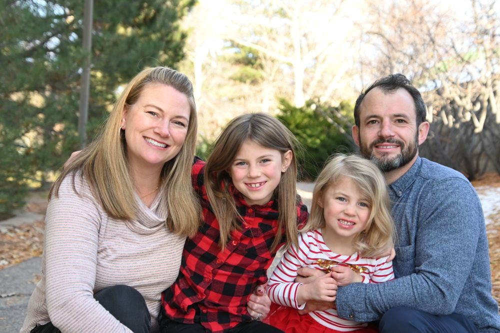 A series of outdoor family portraits showing joyful expressions while wearing casual winter clothing in a natural setting.