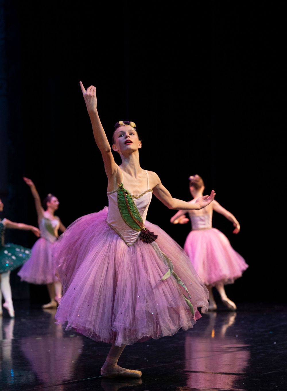 Ballet dancers perform on stage in pink tulle tutus during a classical performance against a dark background.
