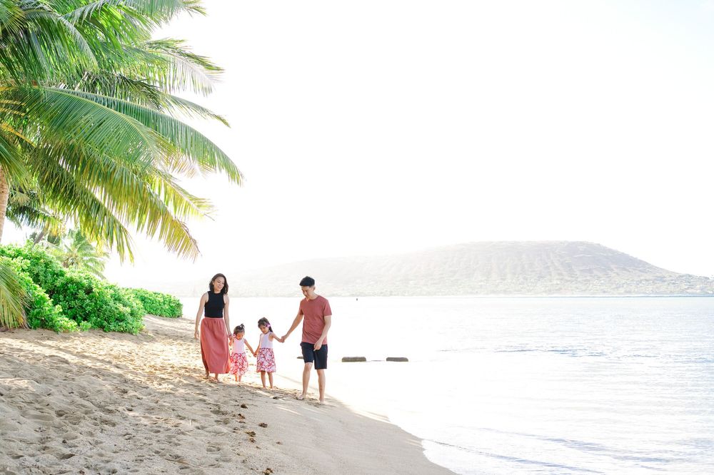 Palm trees line a pristine tropical beach with white sand and turquoise waters stretching to the horizon.