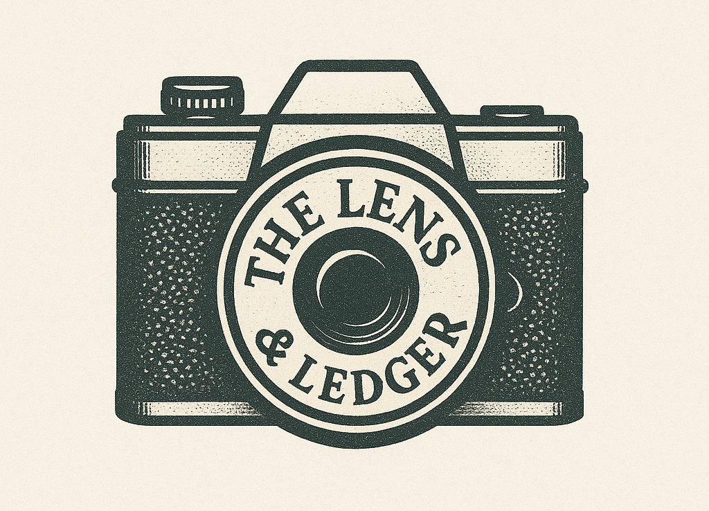 Vintage camera logo design featuring 'The Lens & Ledger' text in a circular badge on a retro SLR camera silhouette.