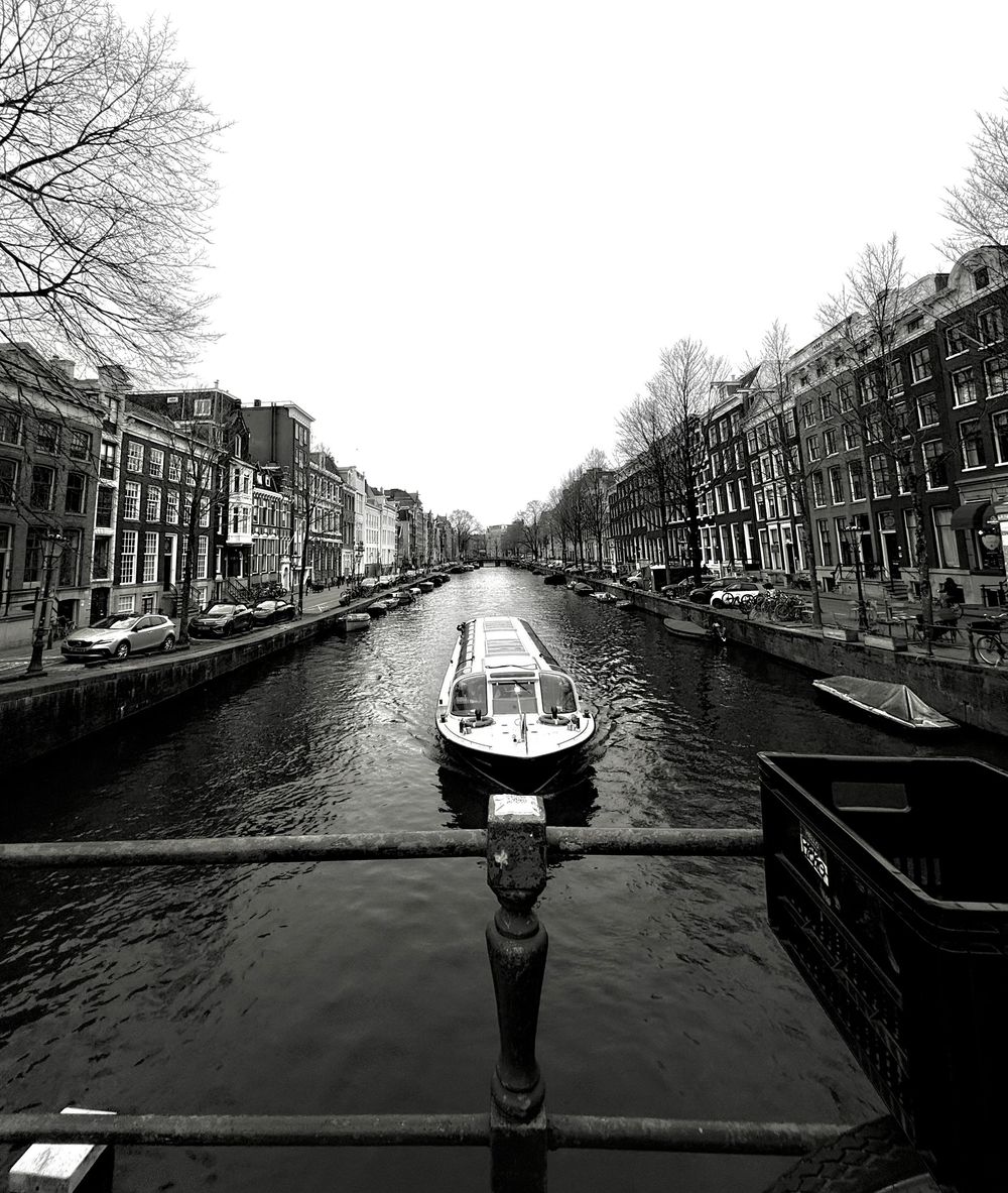 Black and white panoramic view of Amsterdam canals with moored boats and historic buildings along tree-lined streets.