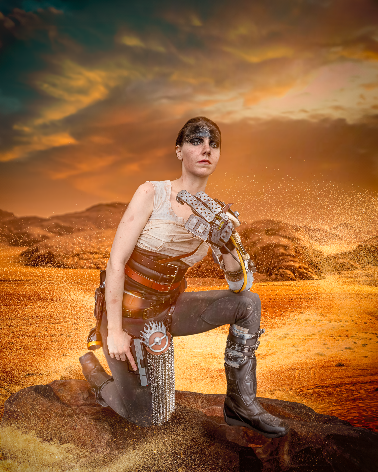 Post-apocalyptic themed cosplay photoshoot in desert setting with dramatic orange sunset sky.