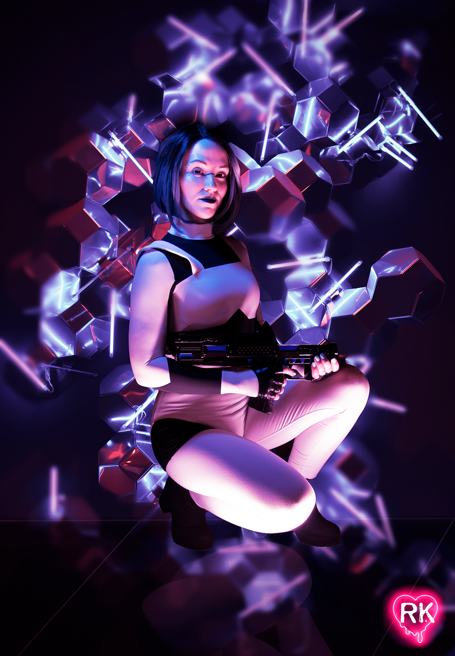Artistic sequence with purple neon geometric shapes floating around a figure in dark atmospheric lighting.