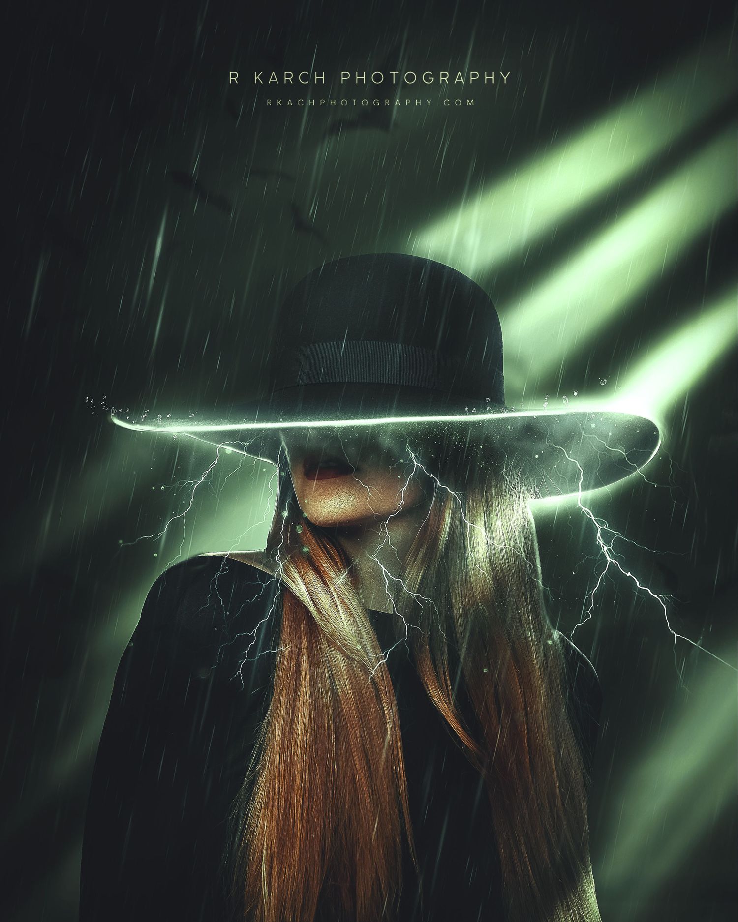 Artistic photo series showing long brown hair illuminated by green beams of light and lightning effects against dark background.