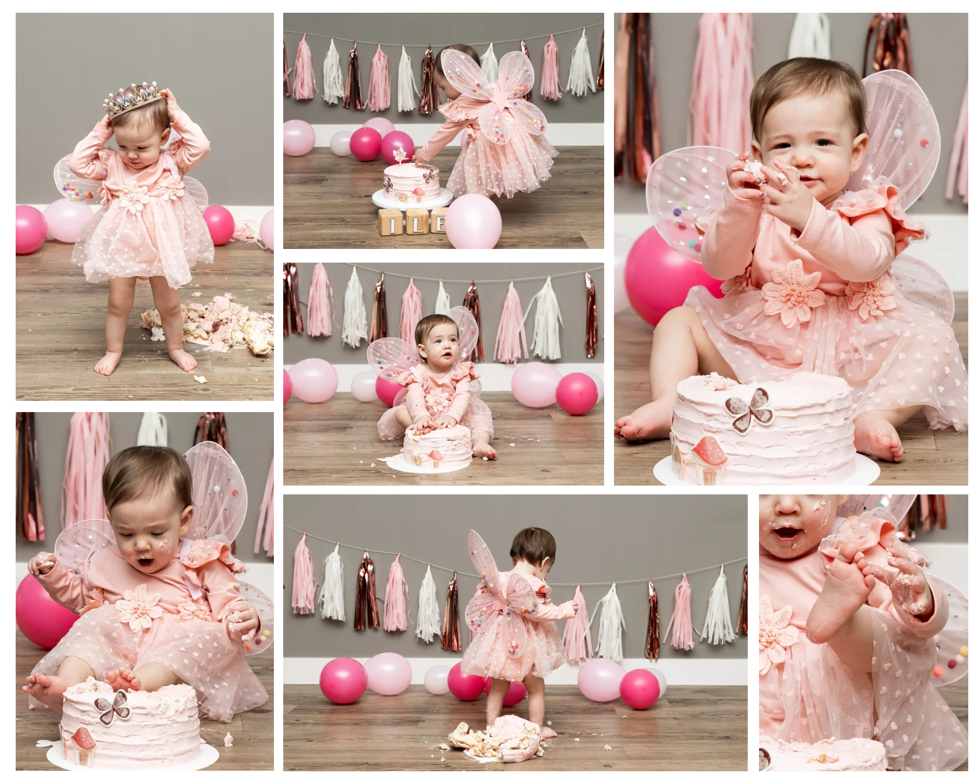 Lifestyle baby cake smash photography at home with a one year old exploring their birthday cake by hand. Kootwijkerbroek
