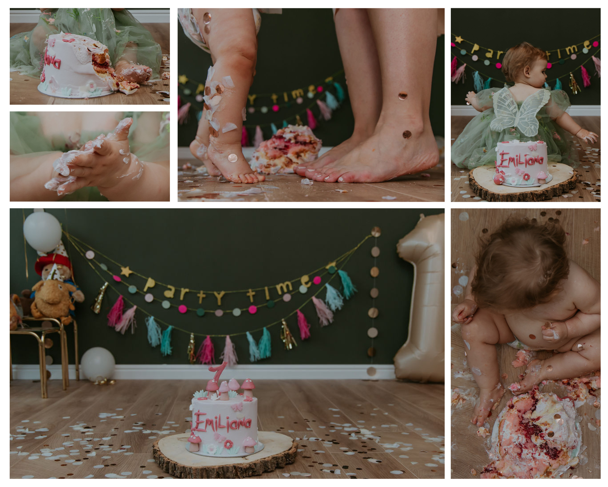 Natural cake smash photo of a baby sitting on the floor with a first birthday cake and messy hands. Nijkerk
