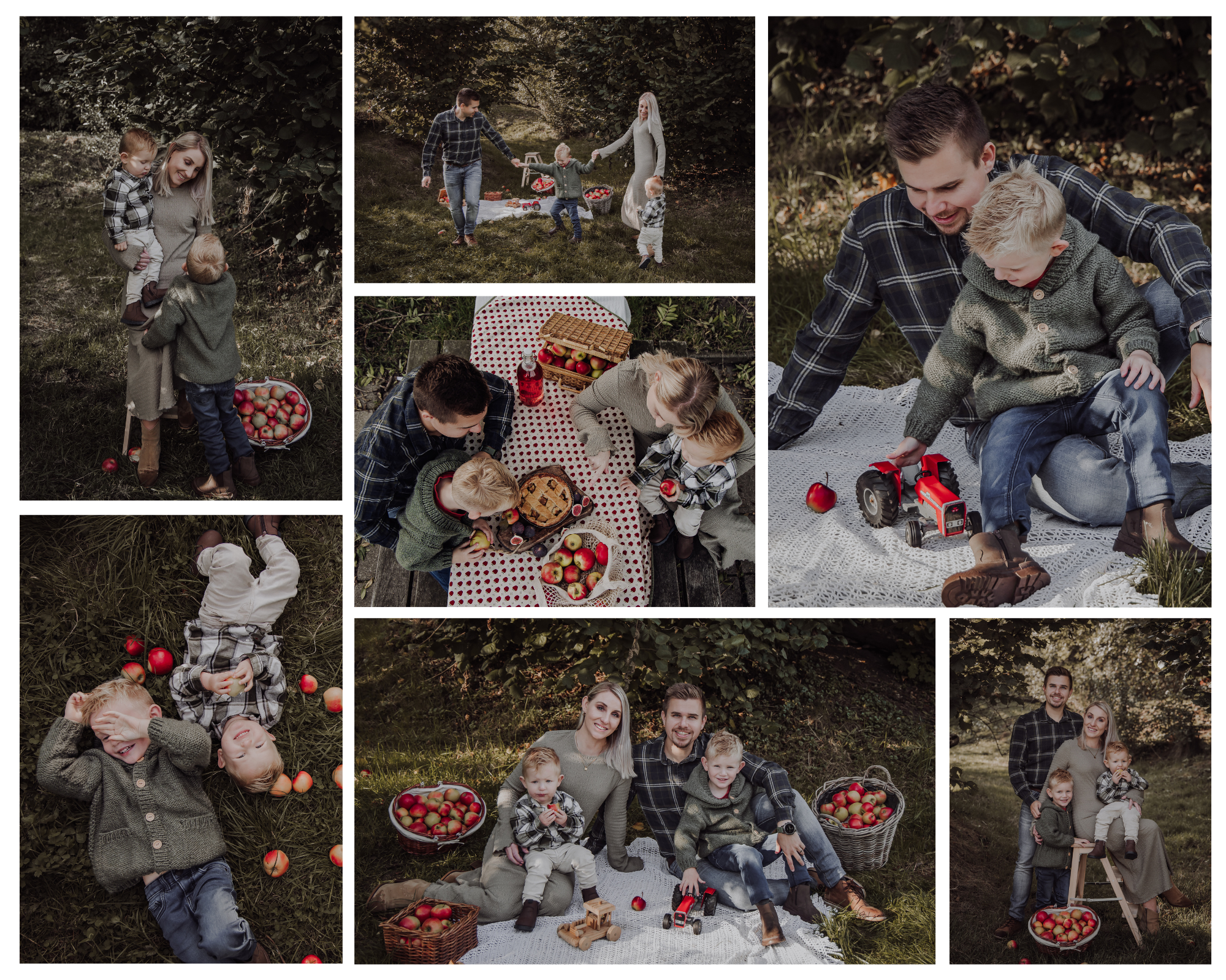 Spontaneous lifestyle family photoshoot in Woerden, Utrecht with kids playing during a picnic in an autumn apple orchard.