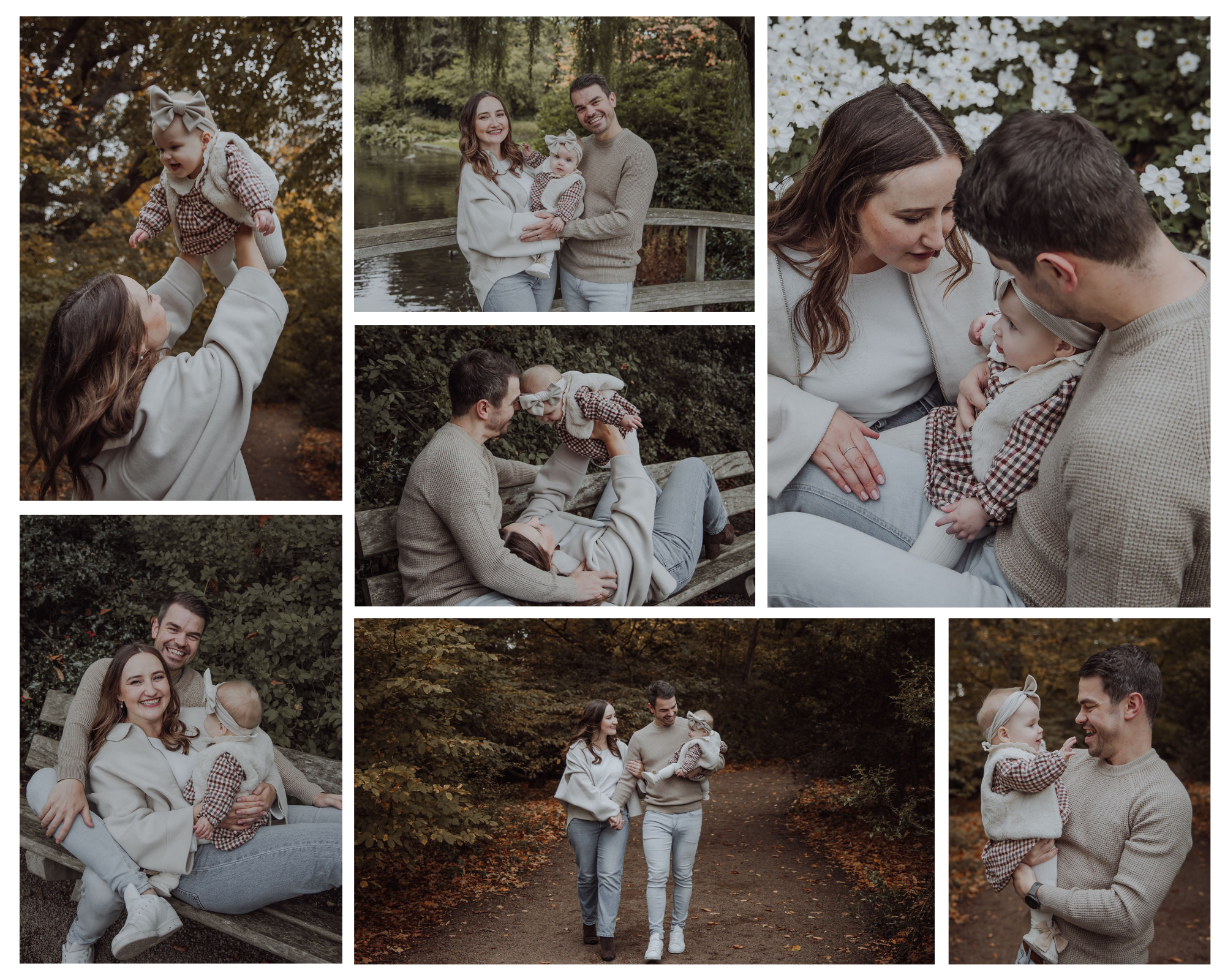 Outdoor lifestyle photoshoot in Amstelveen of a young family with a baby girl in warm sweaters and neutral autumn tones.
