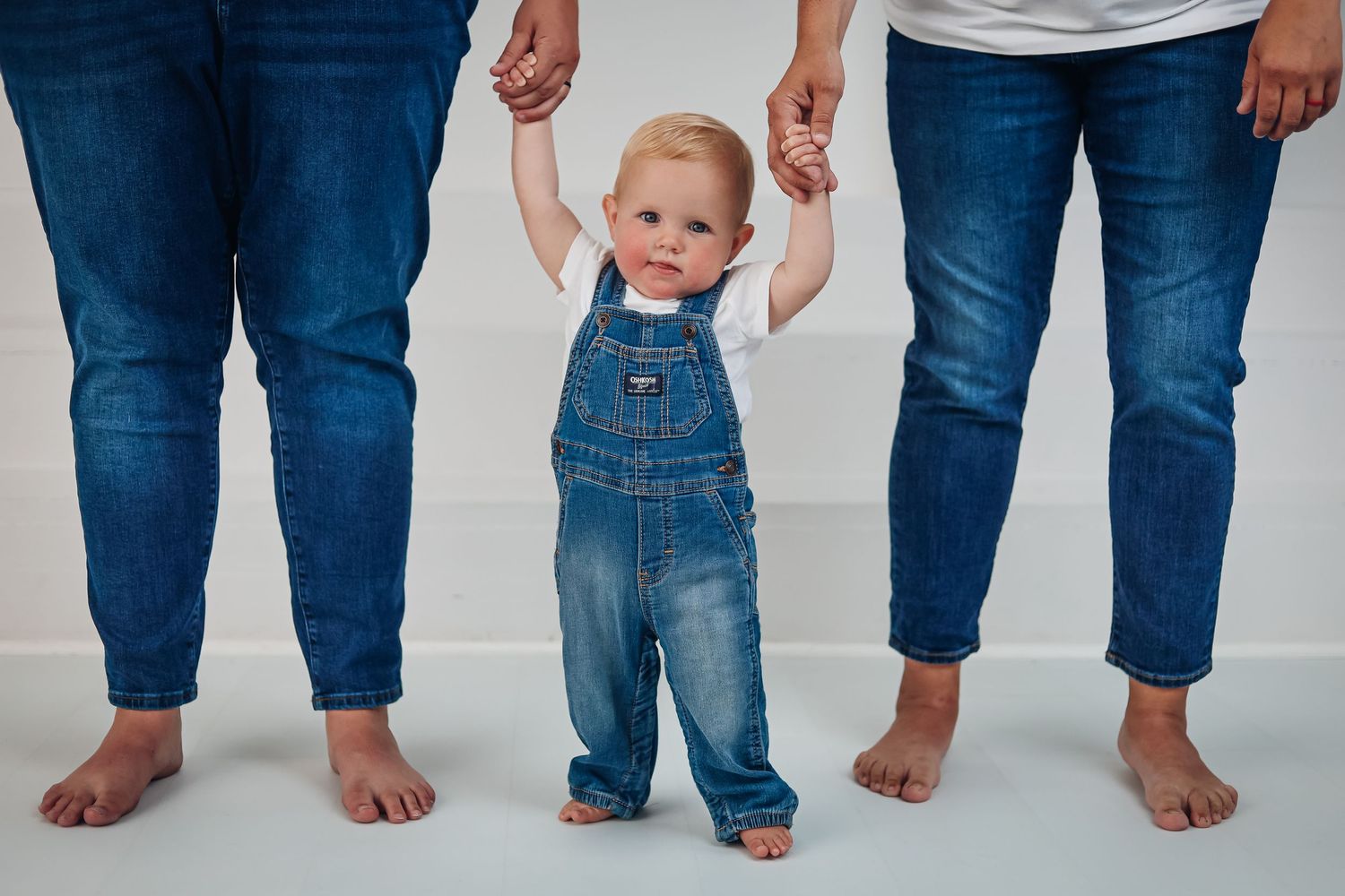 Small child in denim overalls standing between two pairs of adult legs. Milestone photography