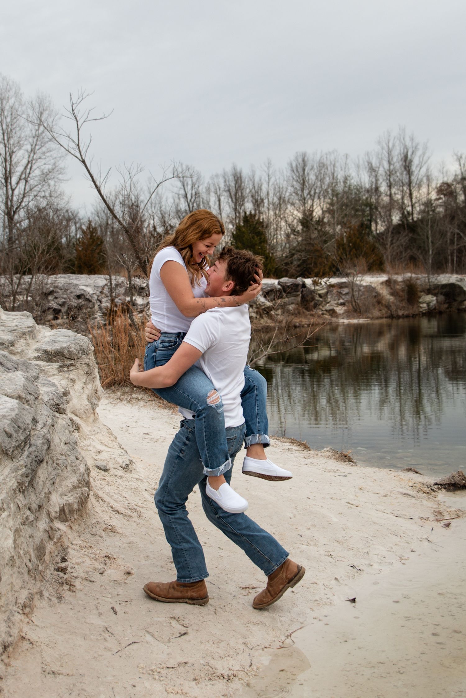 A playful sequence of photos showing an embrace by a lake on a sandy beach.