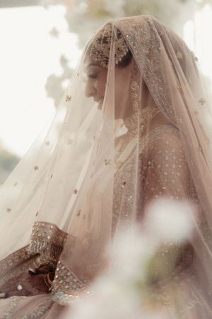 Ethereal side profile of bride wearing delicate veil with embroidered details.