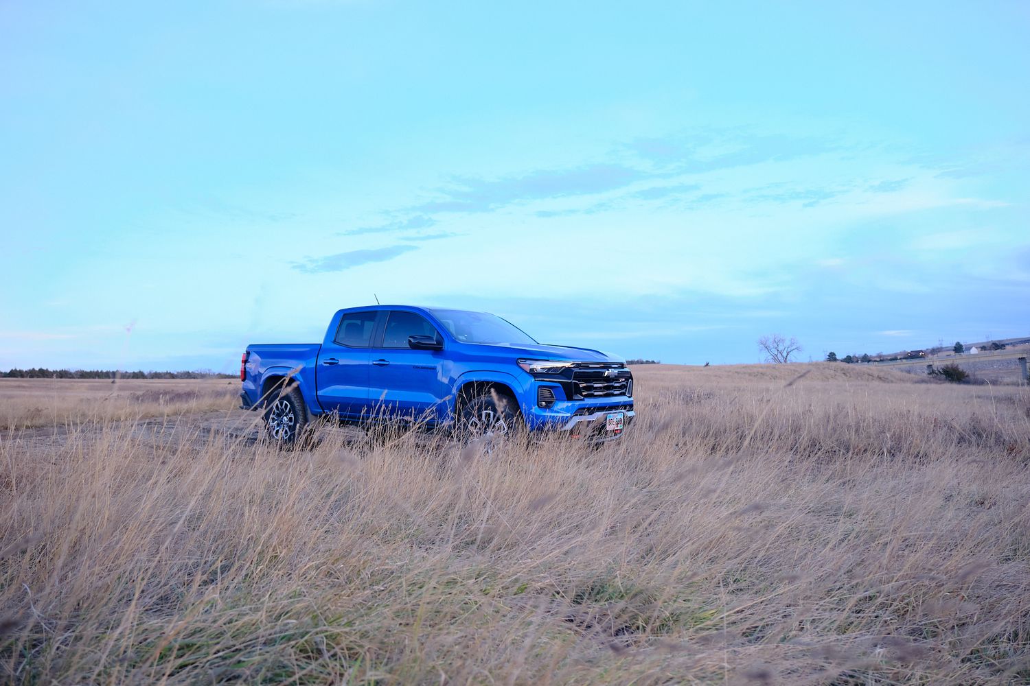 A vintage blue pickup truck sits parked in a golden field of tall prairie grass against a bright blue sky.