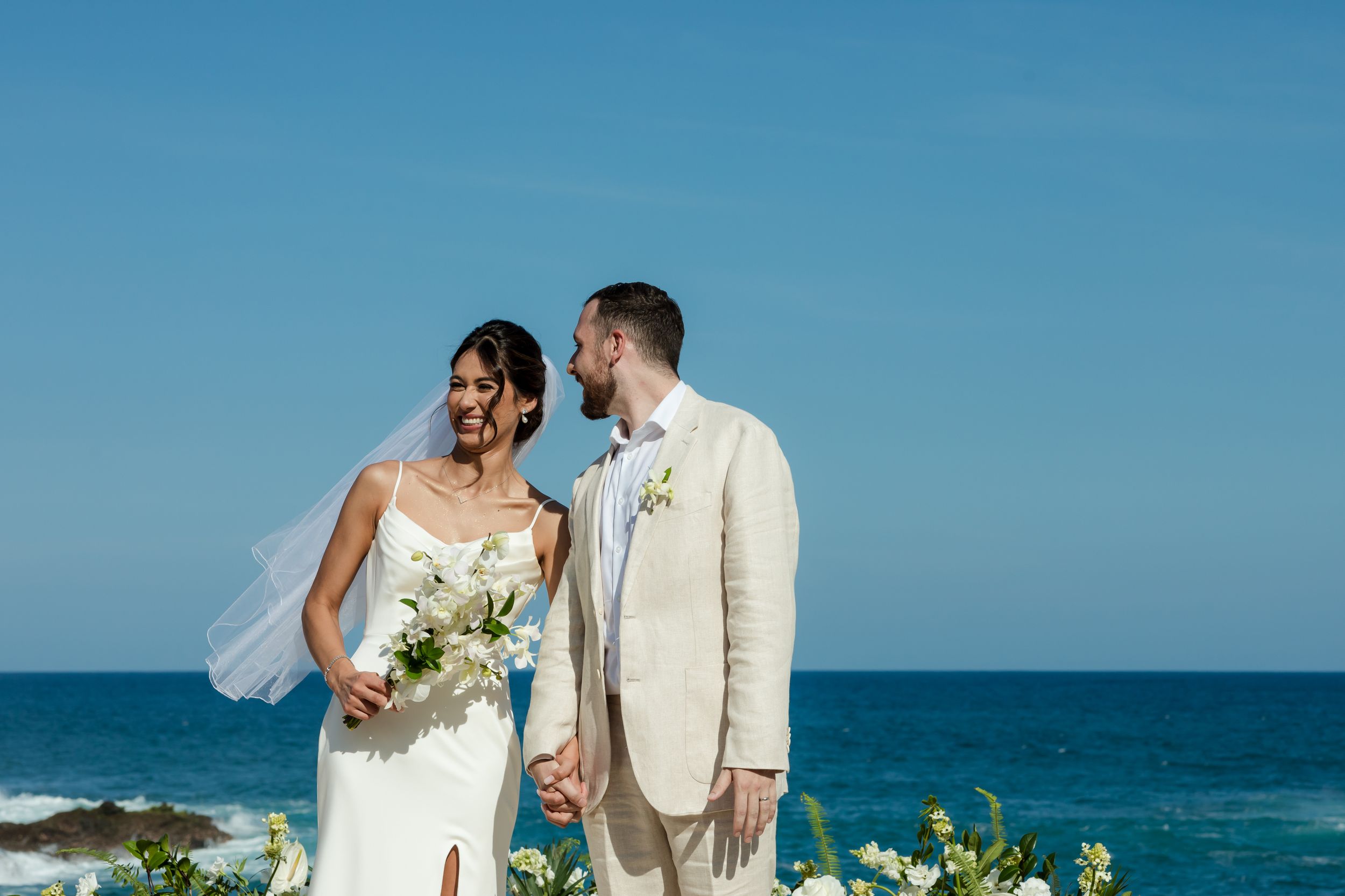 Wedding reception table setup with ocean view