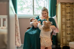 A series of connected photos showing a parent and baby playing together in a bright, cozy home setting.