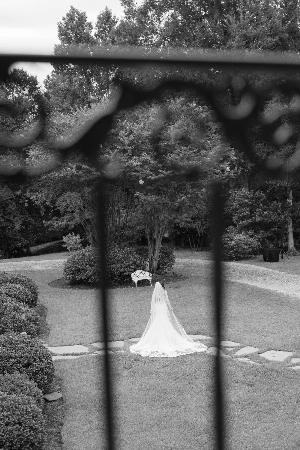 Black and white photo of a bride in a flowing gown and veil standing in a lush garden, viewed through ornate iron gates.
