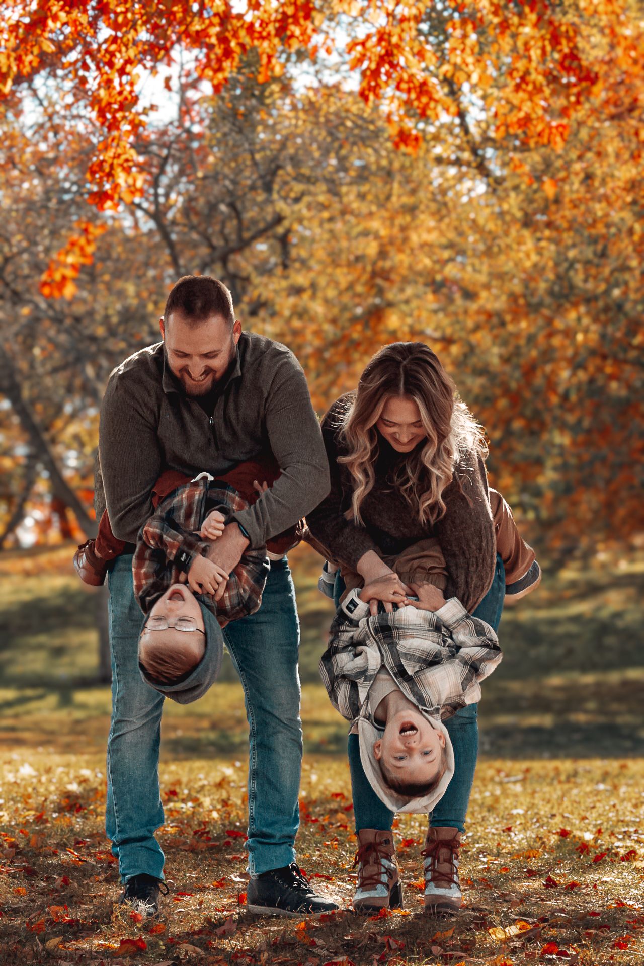 Playful sequence of family photos showing fun interactions among fall foliage.