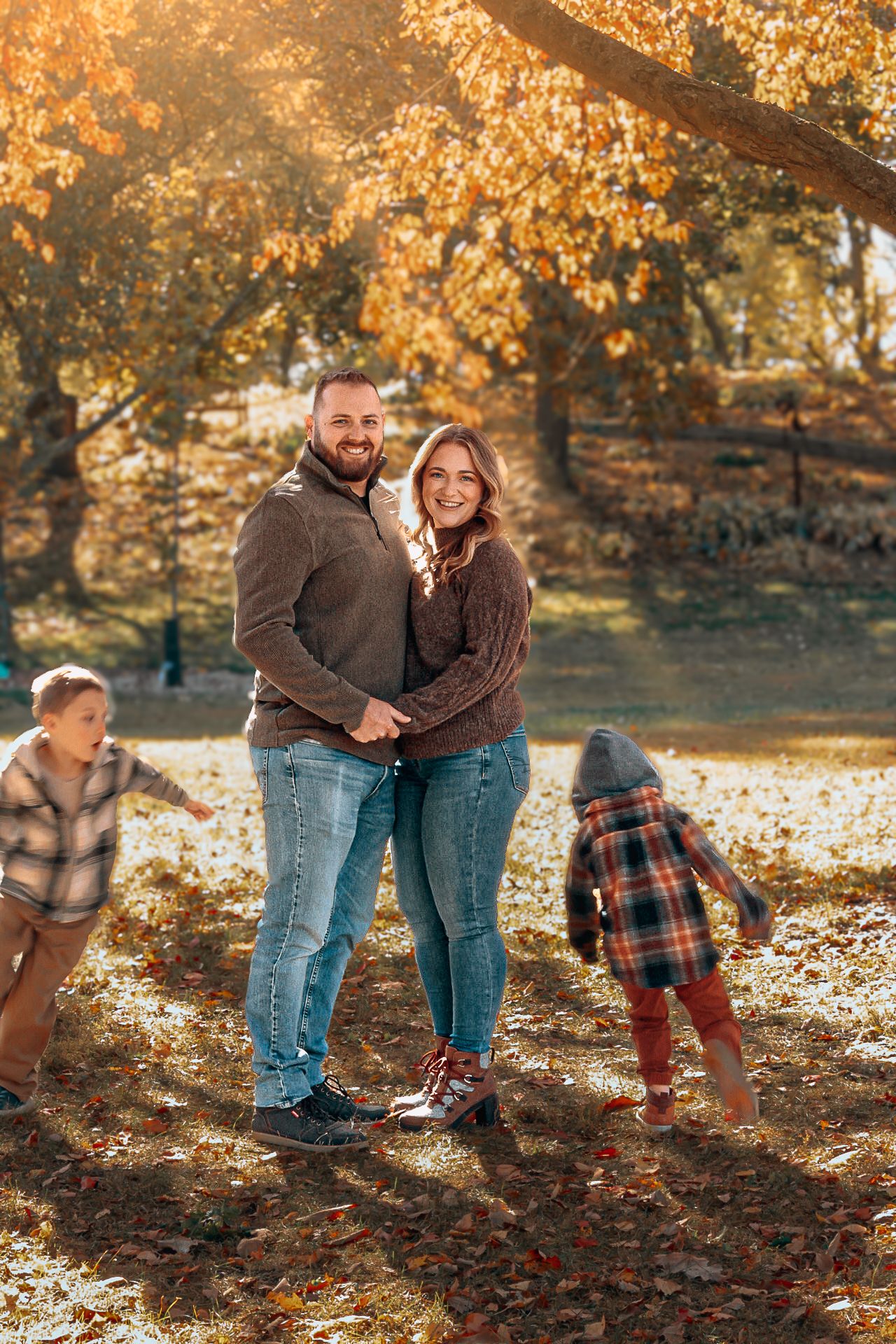Series of candid family moments captured in a beautiful autumn setting with fallen leaves.