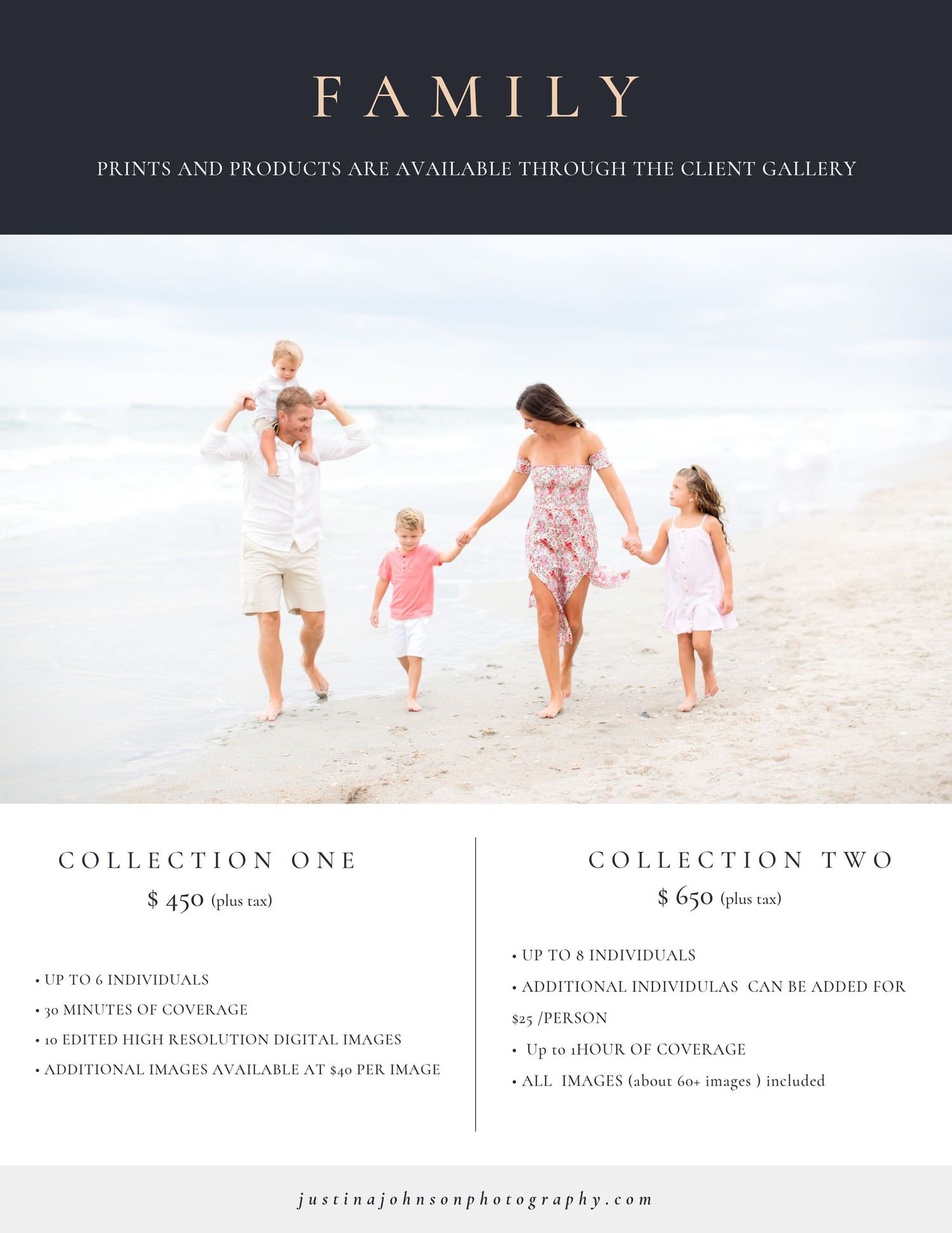 Photography pricing guide showing family beach photo session packages with two collection options.