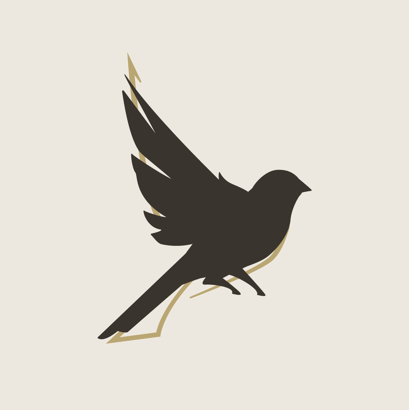 Minimalist dark bird silhouette logo design with gold accent lines on light beige background.