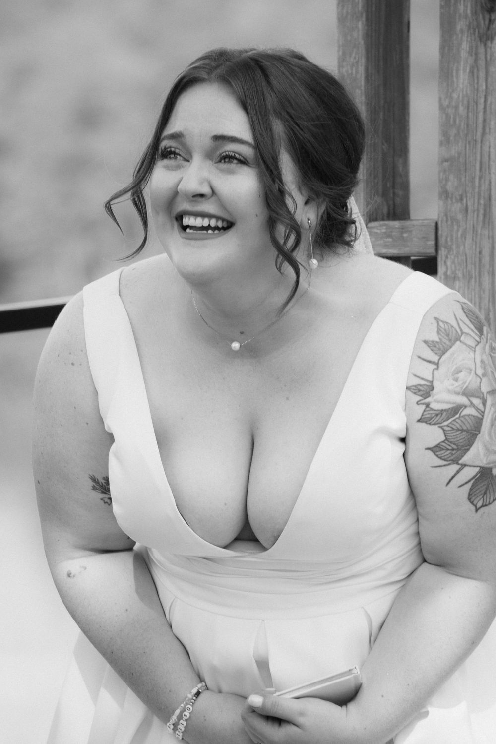 Black and white bridal portraits showing close-up details and joyful expressions.