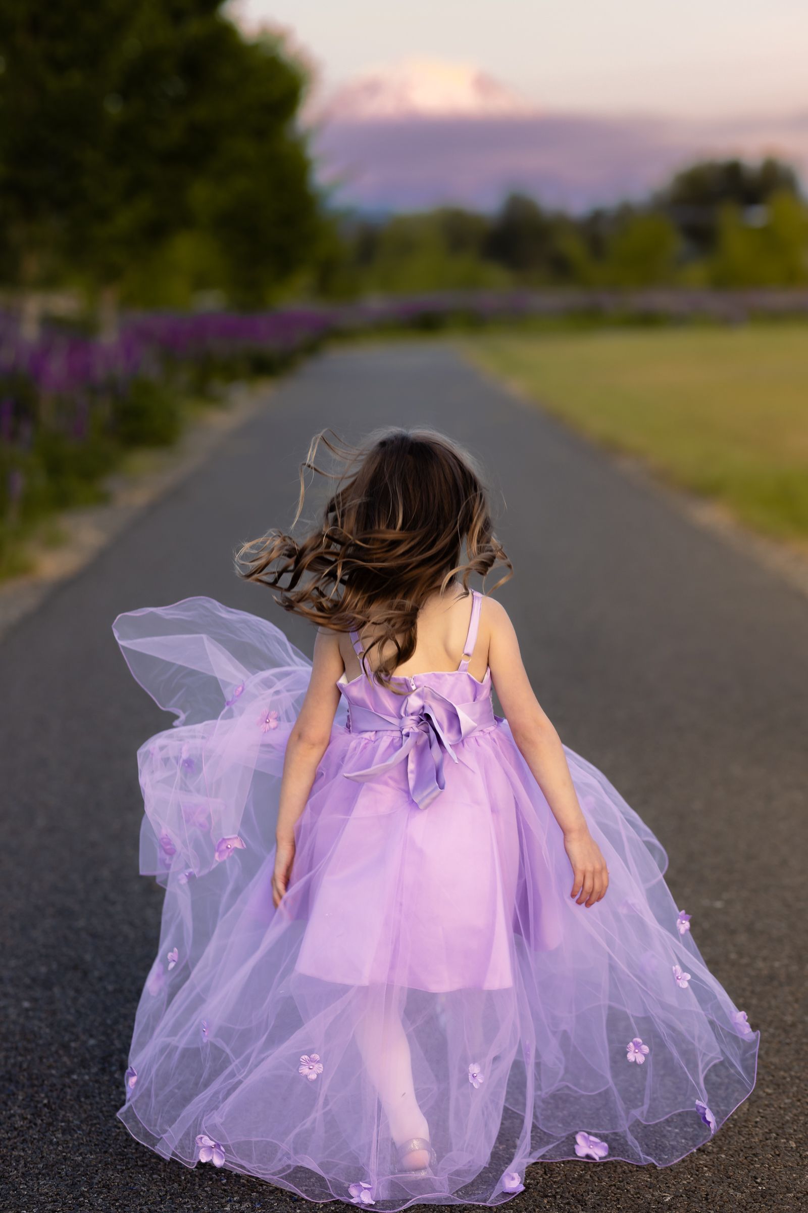 A young girl in a lavender dress walks toward Mount Rainier during a puyallup family session.