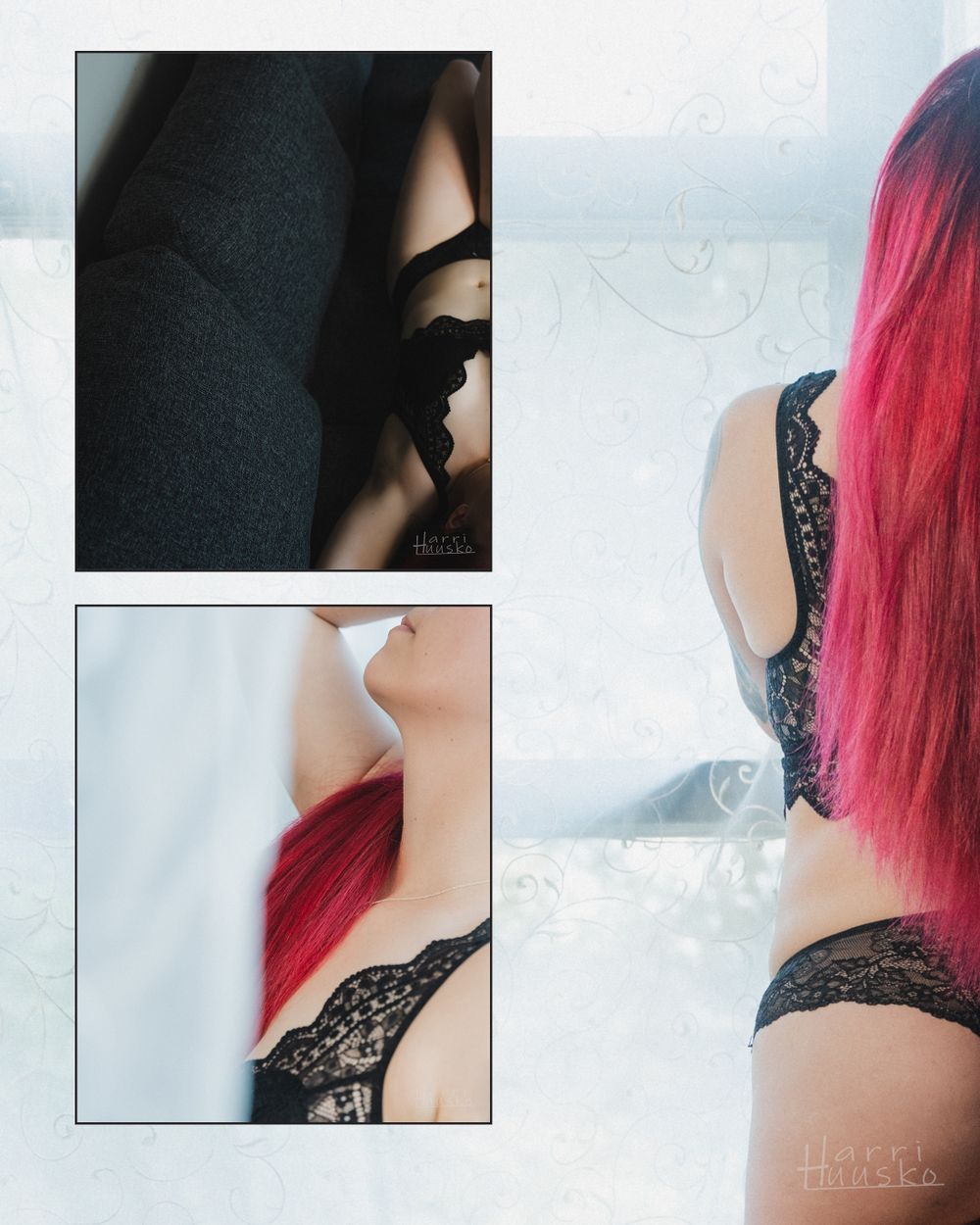 Artistic boudoir photography with red hair and black lace in a minimalist white setting.