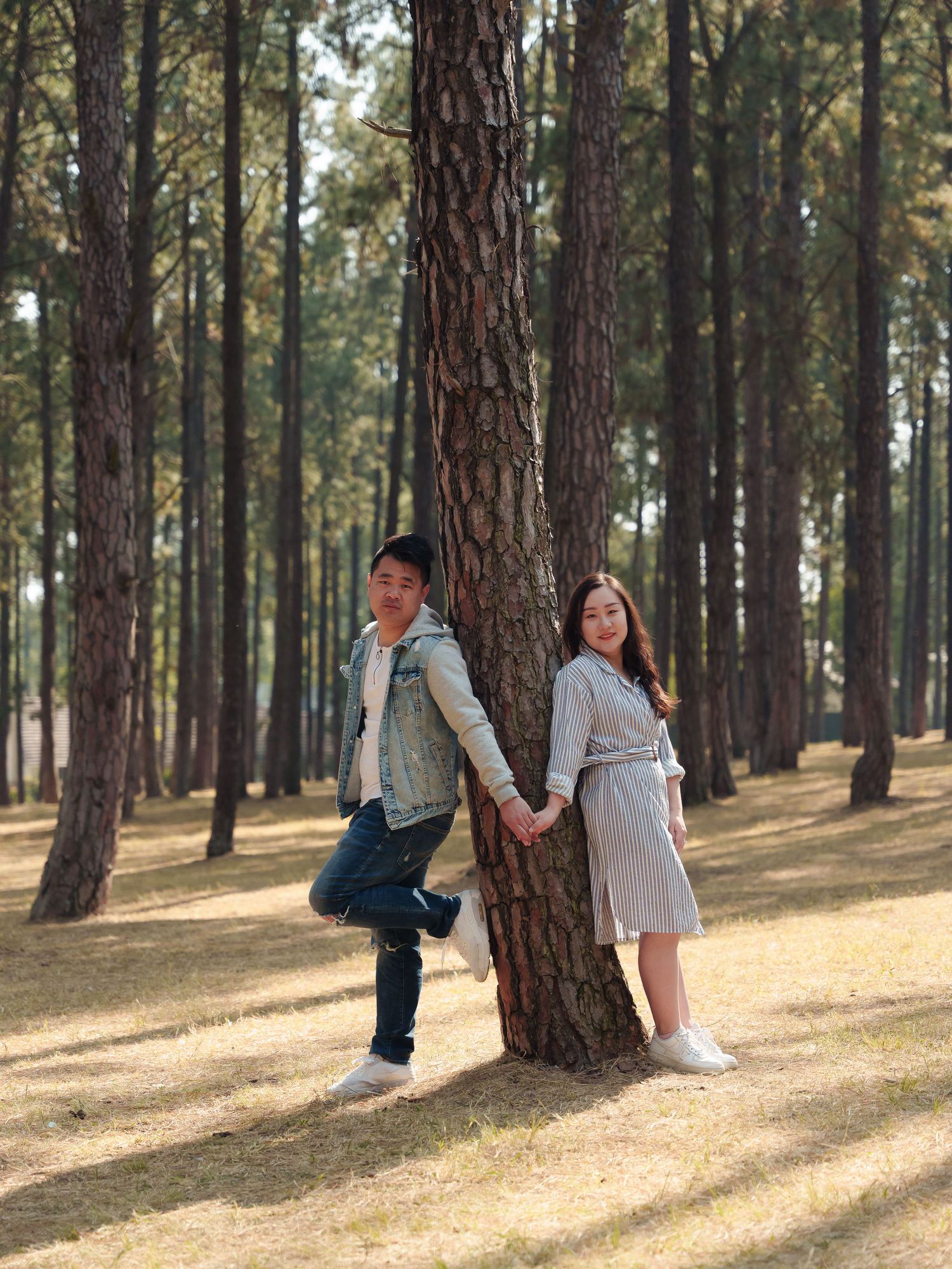 A playful couple poses on opposite sides of a tree trunk in a sunny forest setting.