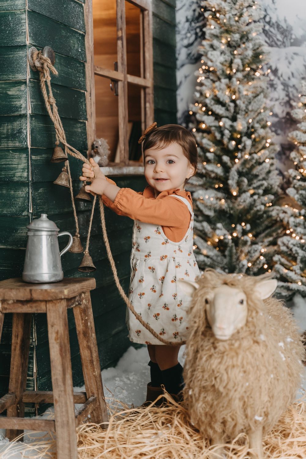 Rustic holiday scene with decorated green cabin, Christmas tree, and sheep decoration.