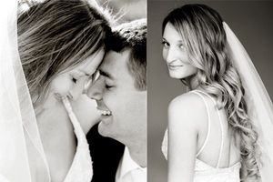 Two black and white wedding photos showing intimate moments and bridal details.