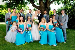 Large wedding party group photo with turquoise bridesmaids dresses and gray suits under a grand tree.