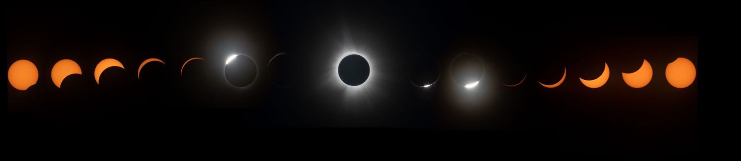 Solar eclipse sequence showing moon passing in front of sun against dark sky.