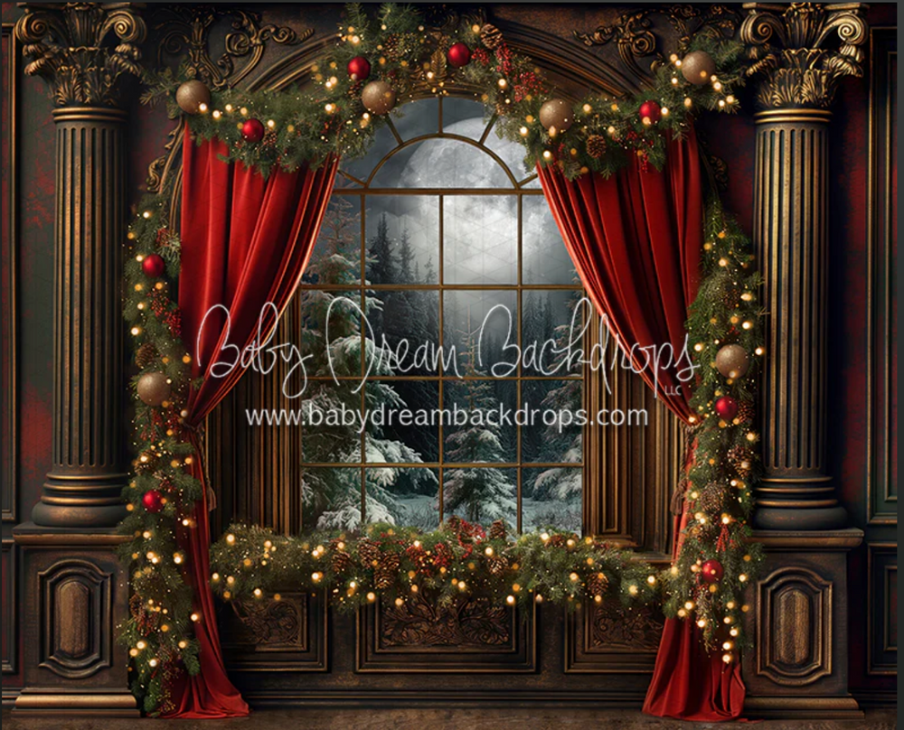 Luxurious Christmas backdrop with ornate columns, wreaths, and red curtains. Santa photographer