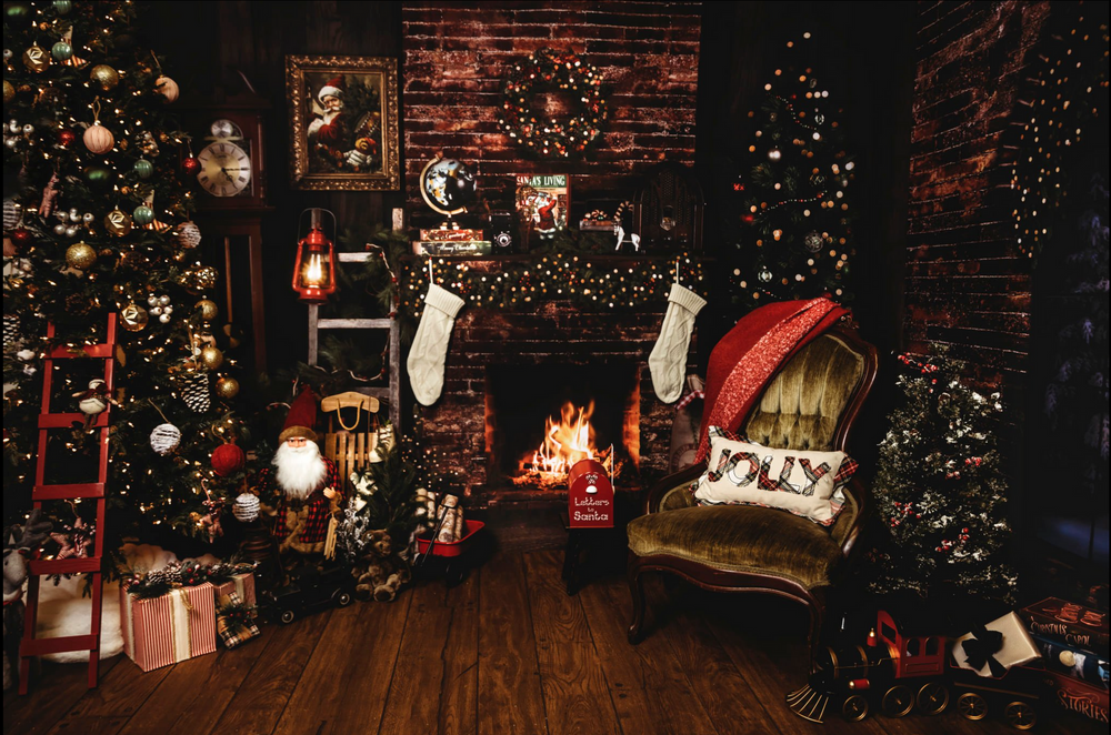 Cozy Christmas scene with decorated tree, stockings, and twinkling lights in a rustic room with exposed brick walls. Santa photographer