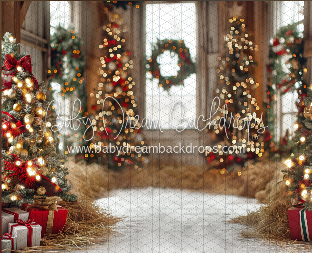 Holiday photo backdrop with chicken wire windows and decorated Christmas trees. Santa photographer
