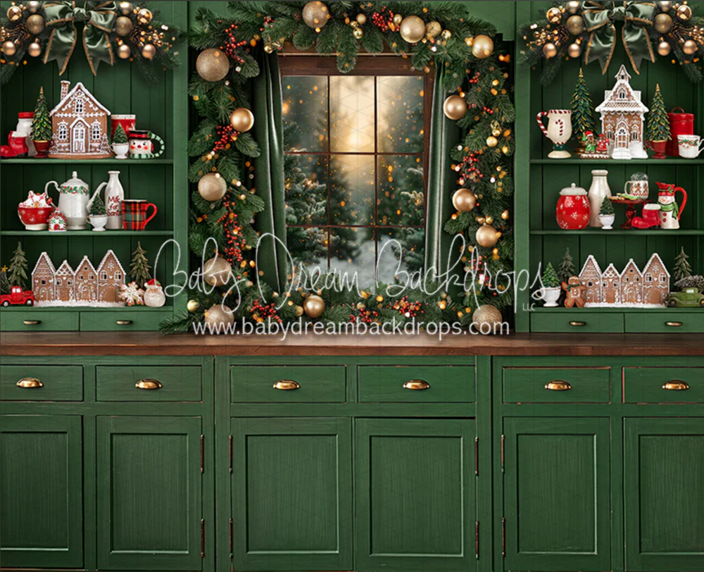 Green cabinet backdrop decorated with Christmas ornaments and holiday decor. Santa photographer