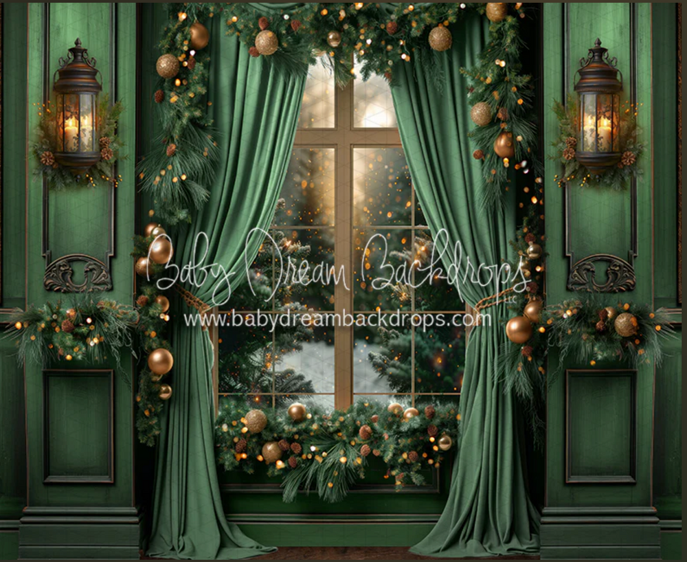 Elegant green Christmas backdrop with draped curtains and holiday garlands. Santa photographer