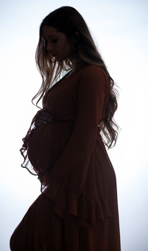 Silhouette maternity portrait against backlit background in brown dress.