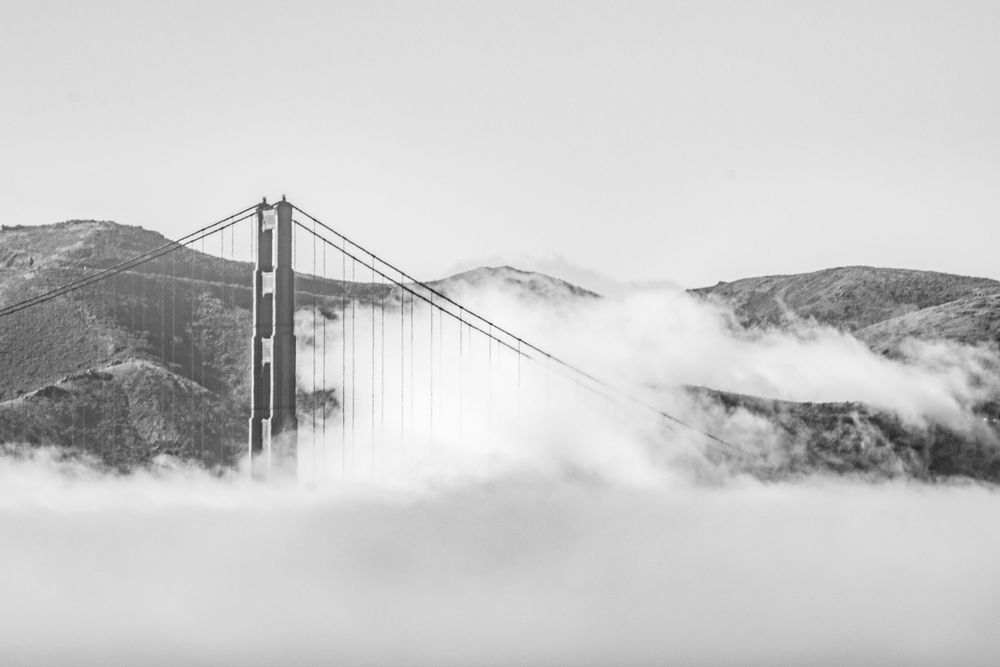 Golden Gate Bridge towers emerging through rolling fog over San Francisco Bay in black and white.