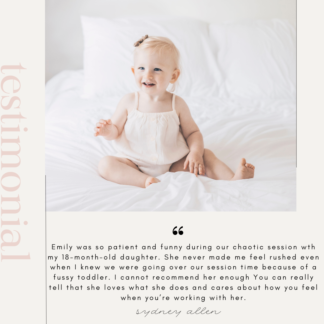 Testimonial card featuring smiling baby girl in white dress with Sydney Allen quote praising photographer Emily.