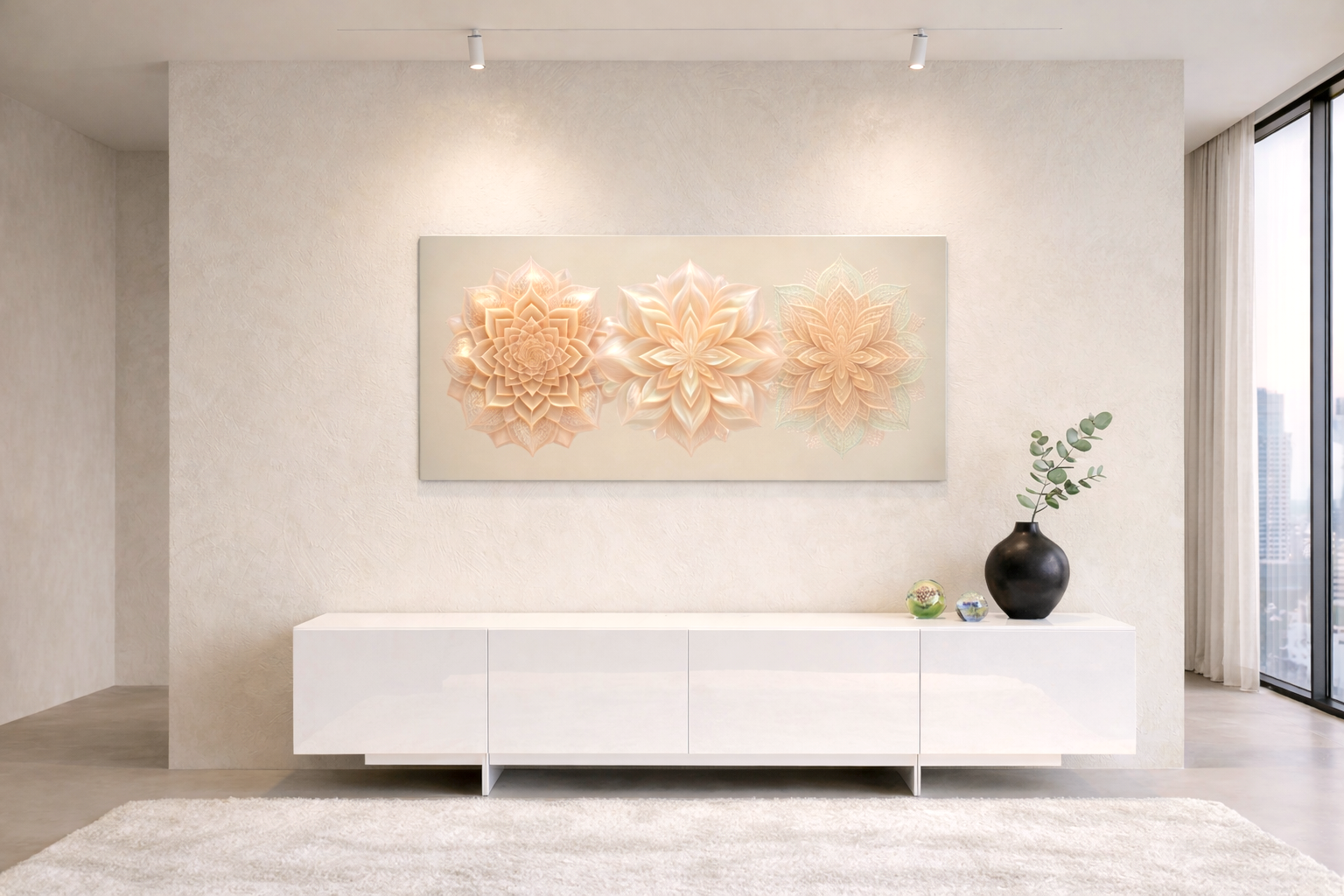 Digital mandala wall art displayed in a modern interior, printed on aluminium, elegant and minimalist design inspired by nature and symmetry