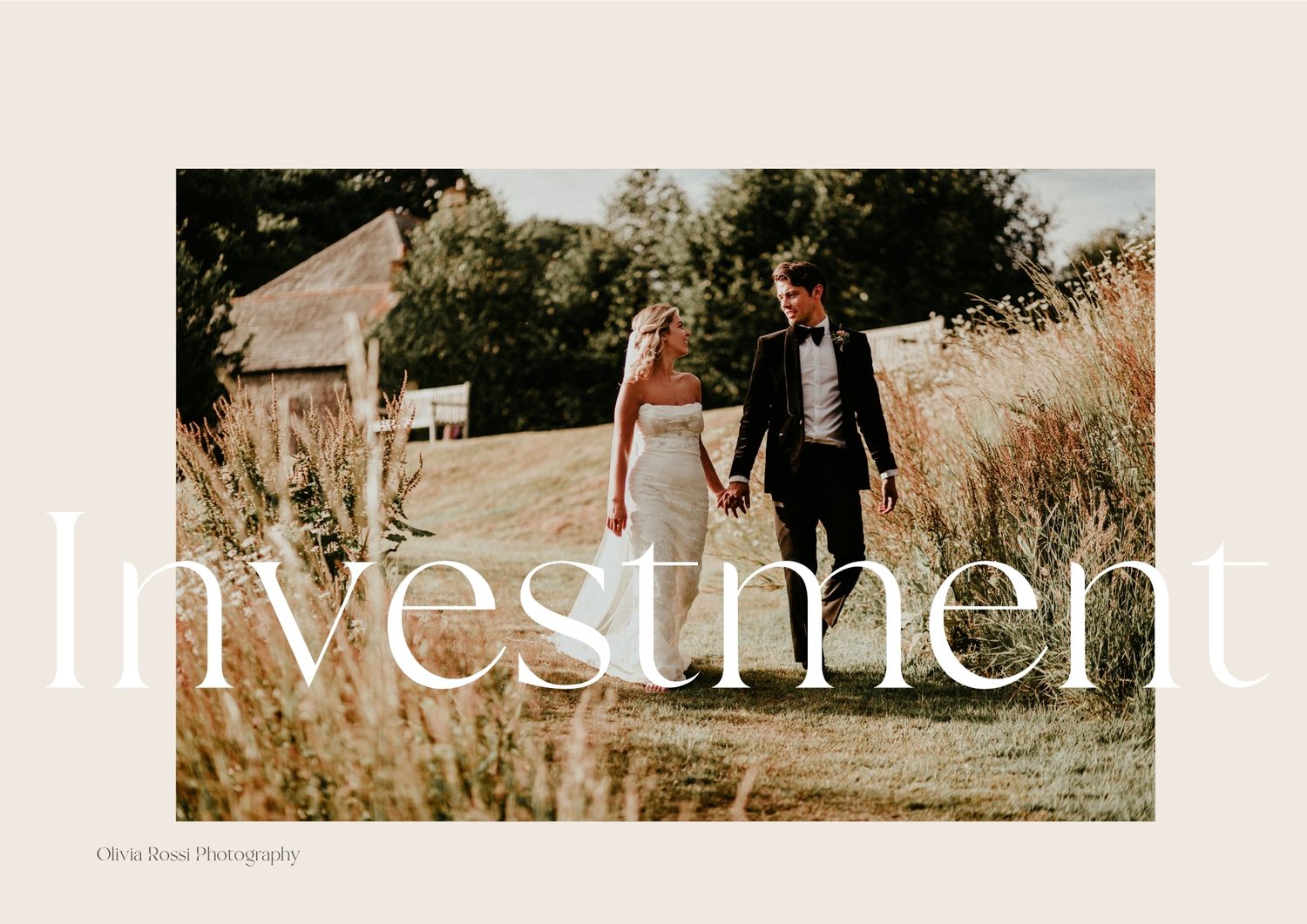Elegant wedding photo collage layout with romantic outdoor scenes against natural settings.