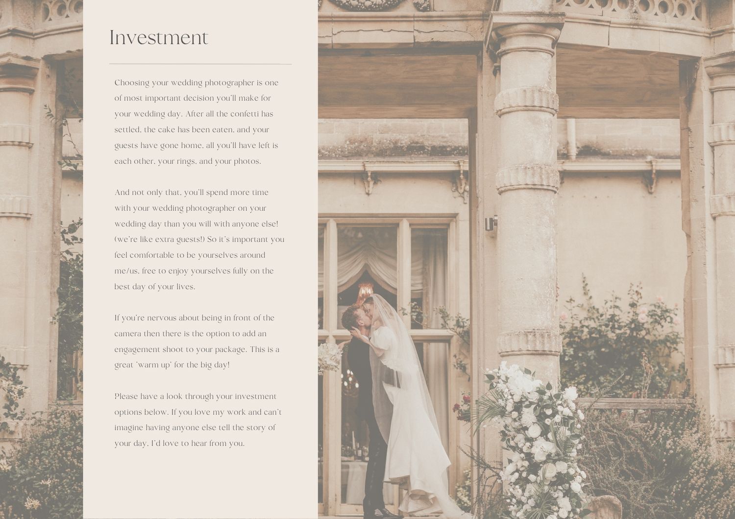 Newlyweds pose in front of a grand classical-style building with elegant stone columns and floral decorations.