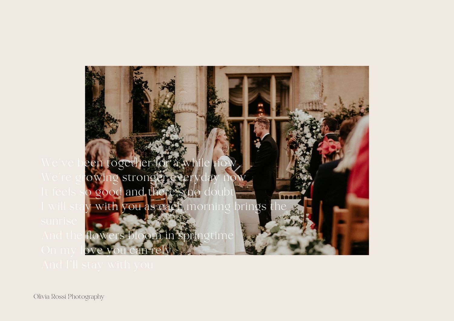 Elegant church wedding ceremony with white floral decorations and guests in formal attire.