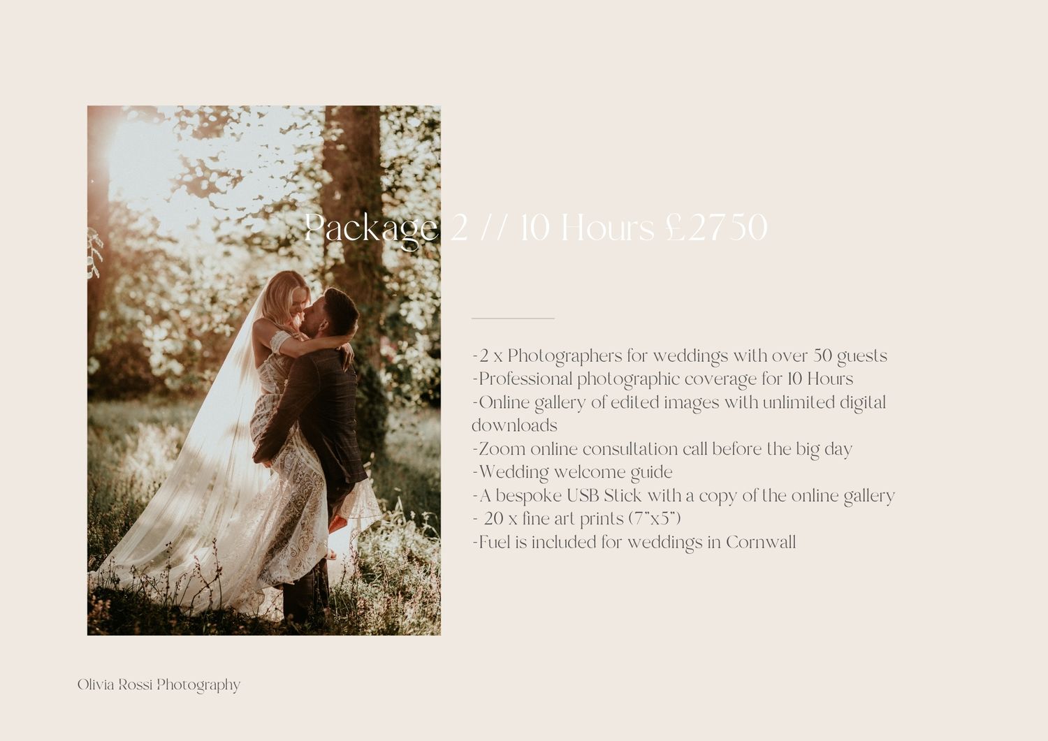 Romantic wedding photography pricing information displayed on a soft beige background with ethereal outdoor sample photo.