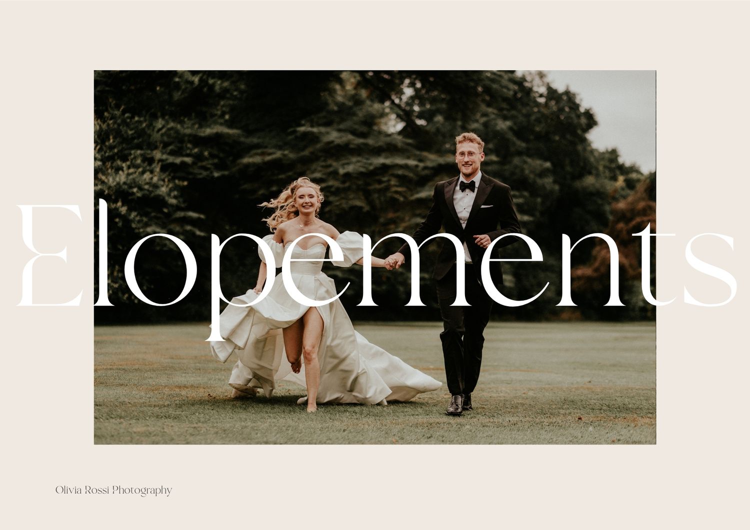 A joyful couple in wedding attire runs playfully through a lush green field on their special day.