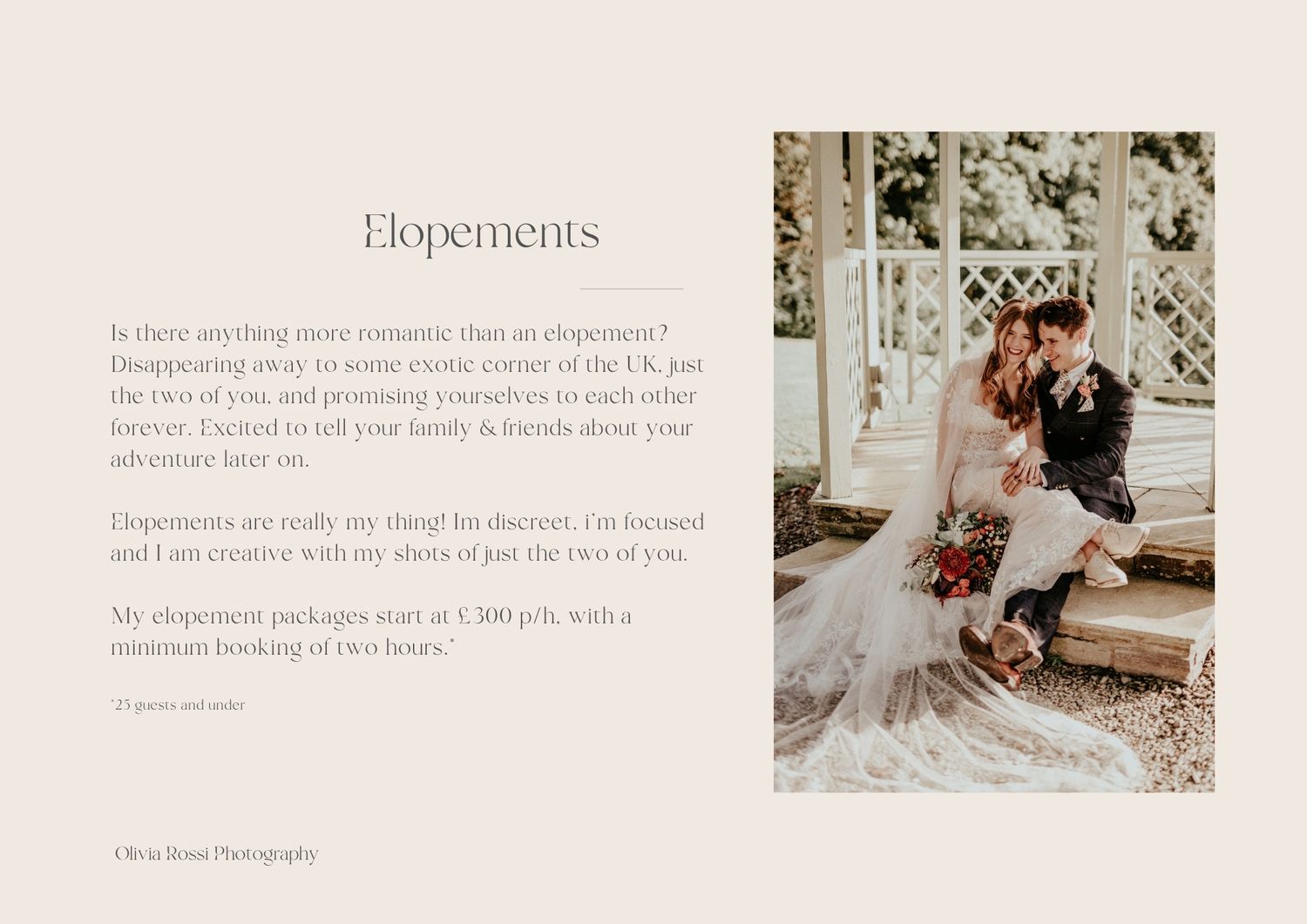 Two romantic floral-themed wedding elopement photos with elegant beige text layout on tan background.