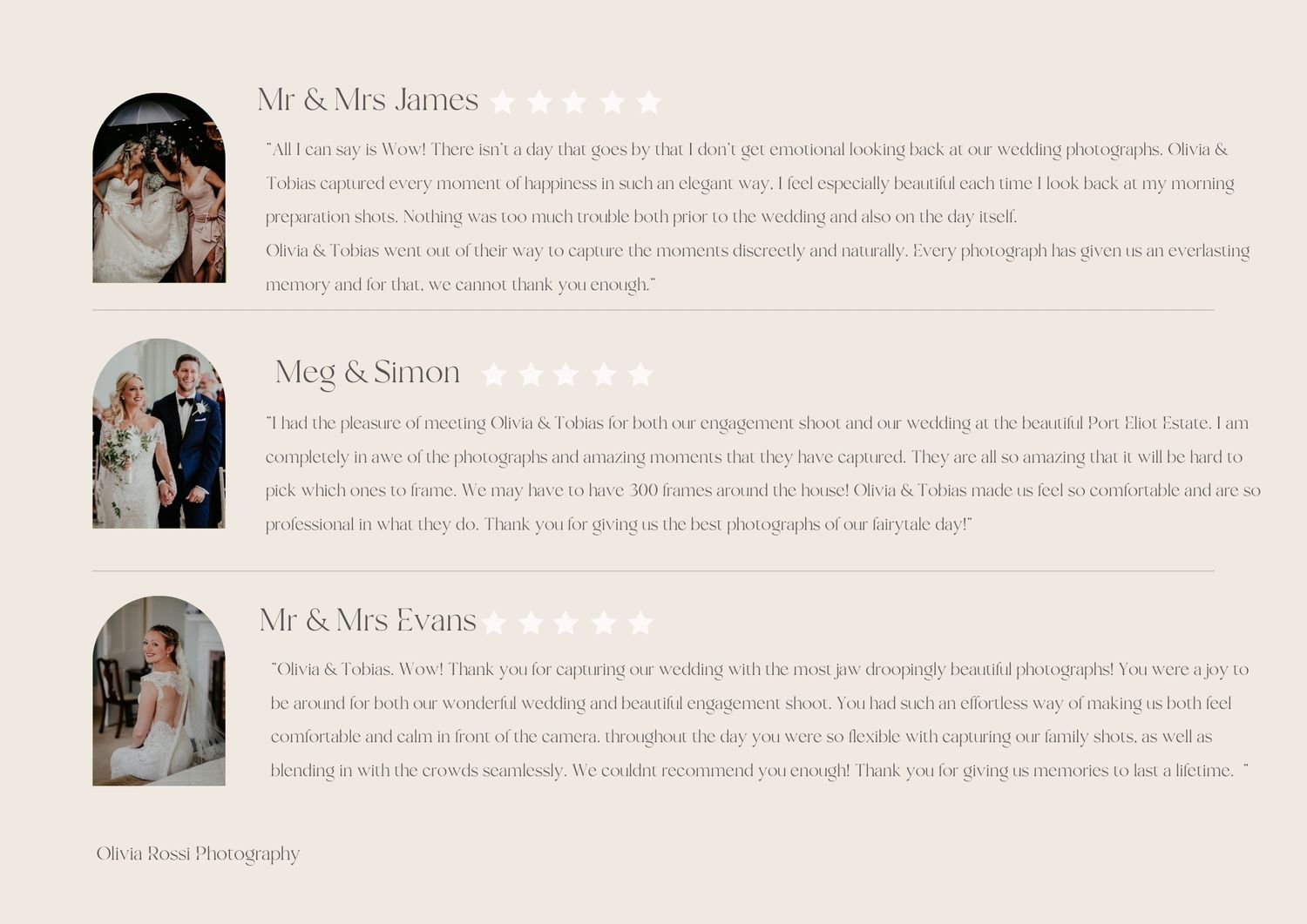 A wedding photography website layout displays multiple header sections and text blocks in a clean, minimal design.